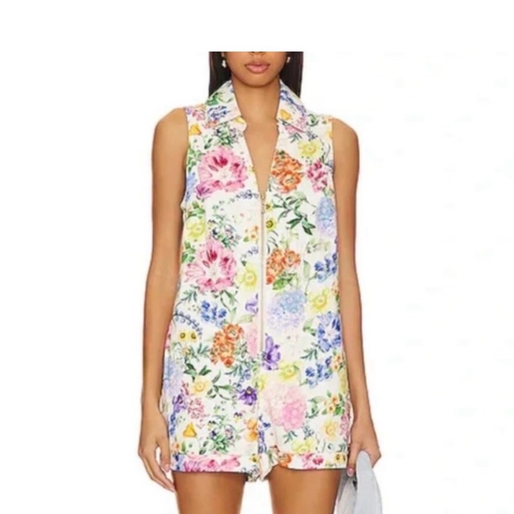 Show Me Your MuMu Medium Reno Romper Ivory Botanical Floral Denim